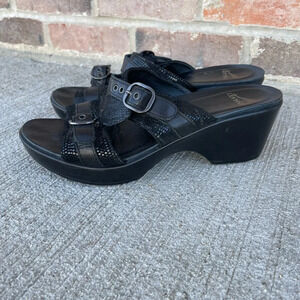 Dansko Sophie Slide Sandal Womens 39 Comfort Wedge Clog Black Leather Sparkle